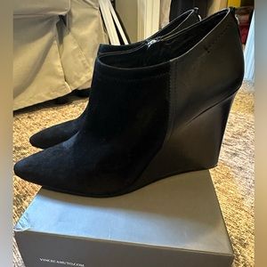 Vince Camuto Kemper Black Leather and Suede Ankle Wedge Bootie